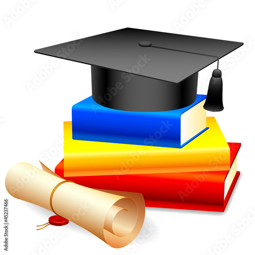 Graduation cap on stack of books and diploma.