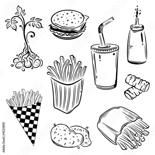 Fast food, Kartoffeln, Pommes, vector set