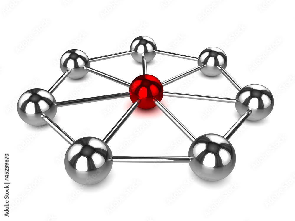 3d Chrome sphere network with red centre 3d Chrome sphere network with red centre
