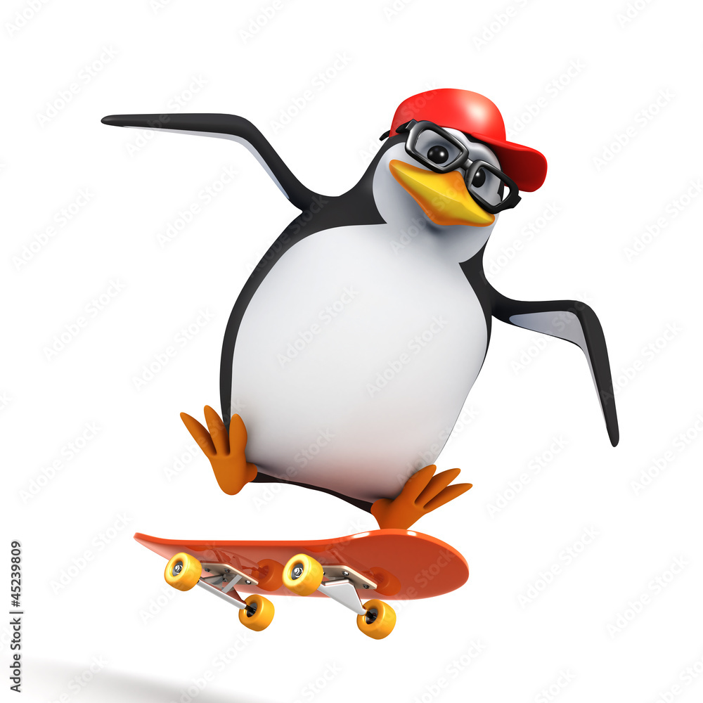 3d Penguin in baseball cap does skateboard jump Stock-Illustration | Adobe  Stock