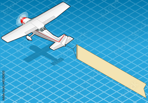 isometric white plane in flight with aerial banner