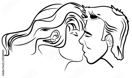 Line art of an erotic kiss with a man and woman