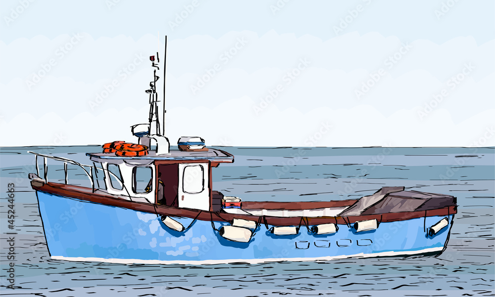Hand sketched drawing of a fishing boat with color fill Stock