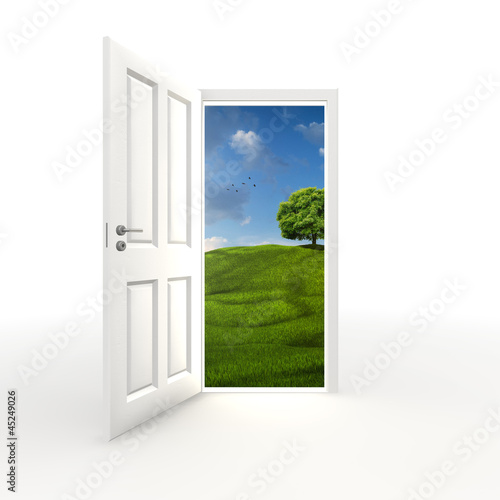 eine Tür in einem weißen Raum öffnet sich zur Natur
