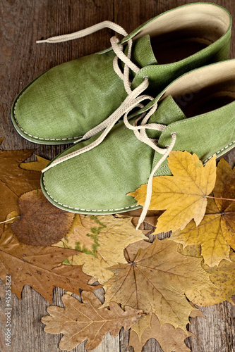 Obraz na plátně green leather boots and yellow leaves