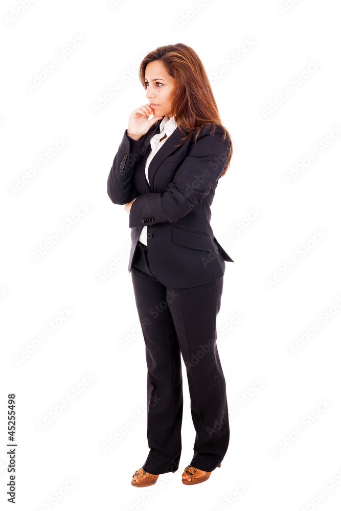 Full length of pensive young business woman, isolated on white b Full length of pensive young business woman, isolated on white b