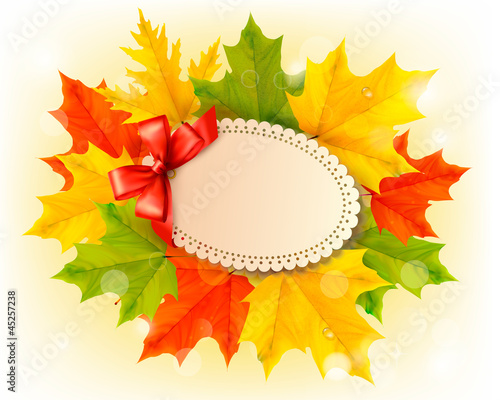 Card with leaves with a red bow. Vector.