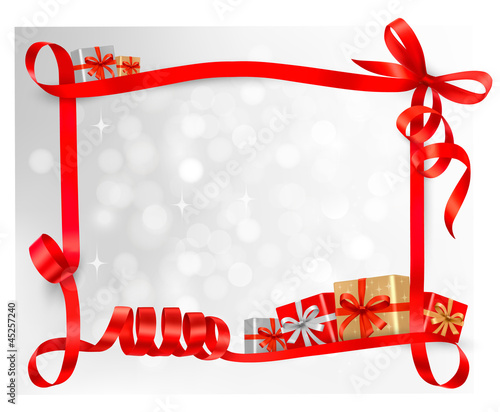 .Holiday background with red gift bows