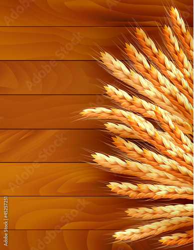 Ears of wheat on wooden background. Vector.
