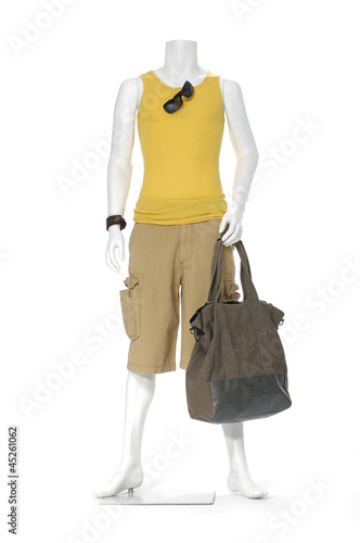 male mannequin dressed in t- shirt and sunglasses