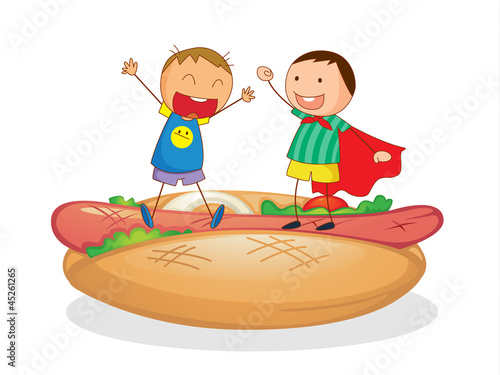 kids and sausages with bread