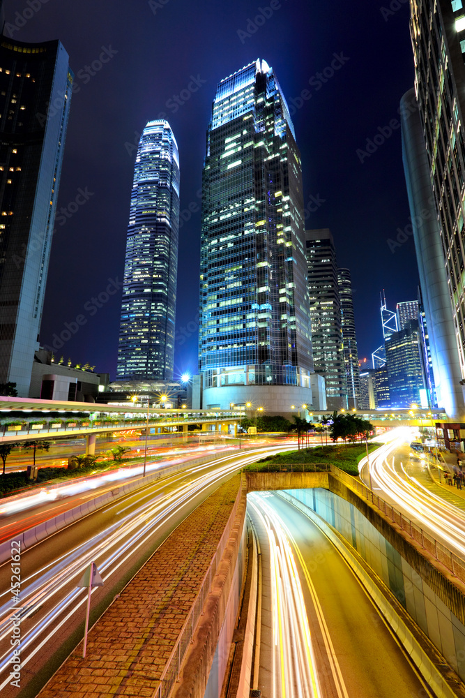 traffic through city at night