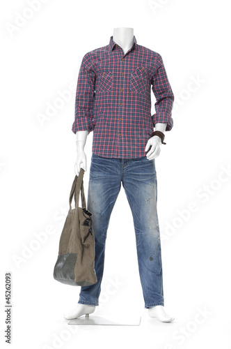 Full length mannequin dressed in cotton plaid shirt