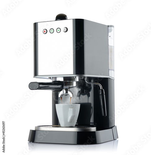 Billede på lærred Coffee machine with a white cup, isolated path included