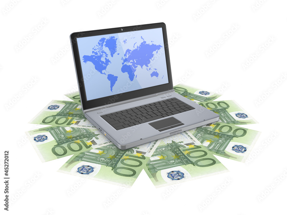 Modern notebook and euro banknotes. Modern notebook and euro banknotes.