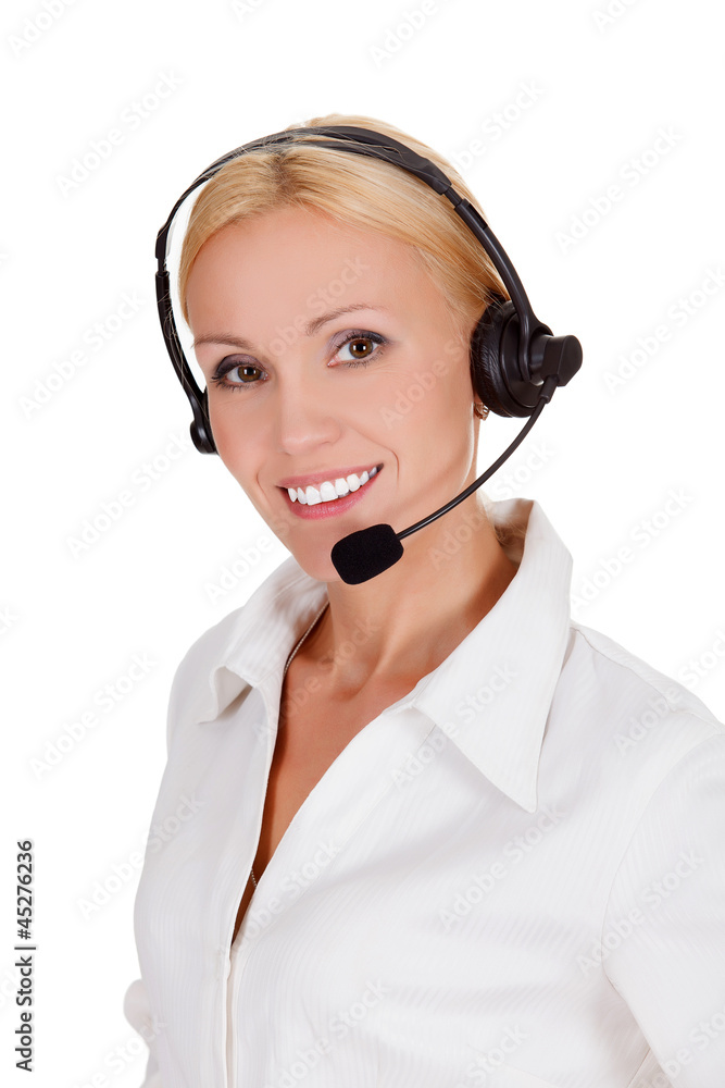 Cheerful call center operator against white background Cheerful call center operator against white background