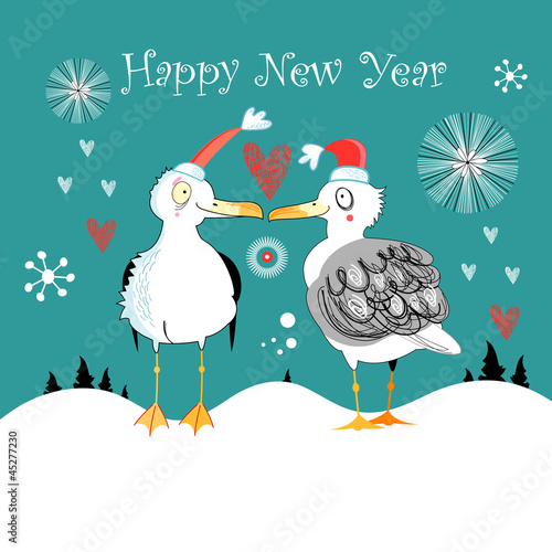 Winter card with funny gulls