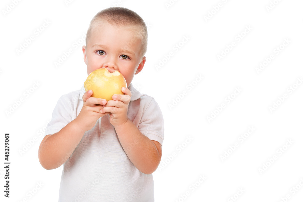 toddler girl eating an apple isolated over white with copy space toddler girl eating an apple isolated over white with copy space