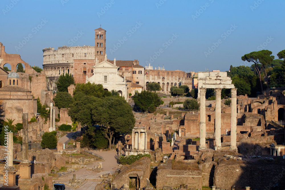 Forum Romanum and colosseum at sunset, Rome, Italy