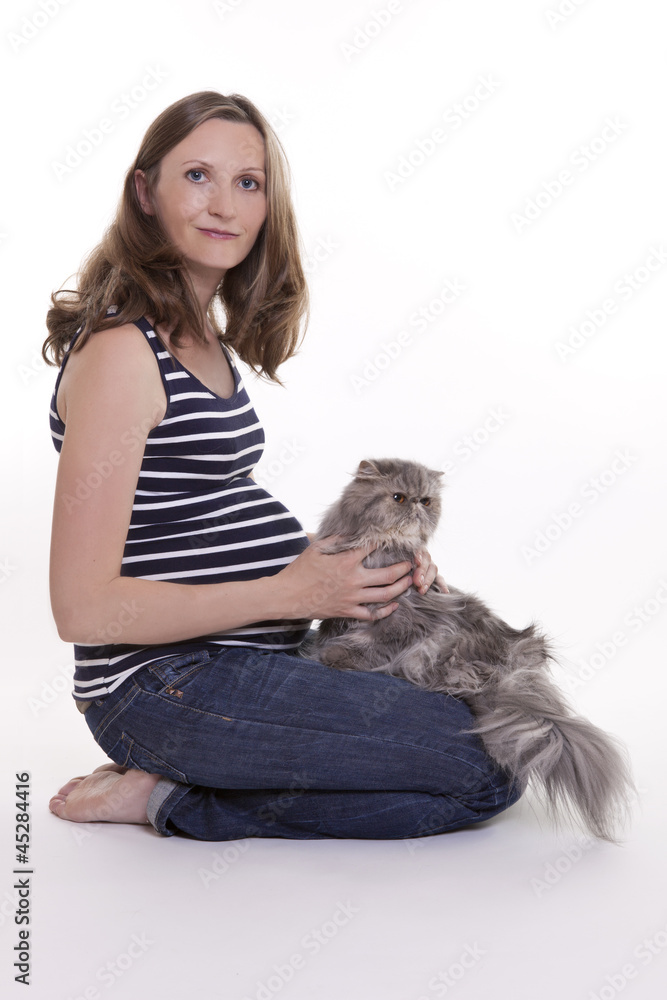 Pregnant woman with persian cat Pregnant woman with persian cat