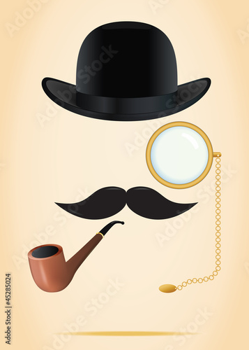 Retro elements set: bowler, moustache, tobacco pipe and monocle