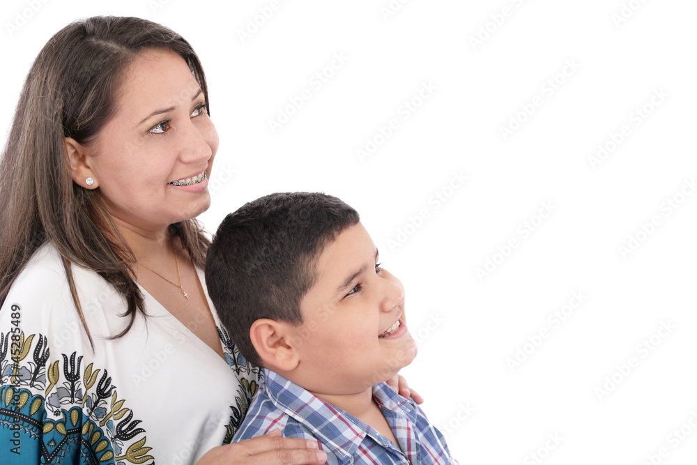 Happy mother with orthodontics and son isolated on light backgro Happy mother with orthodontics and son isolated on light backgro