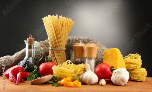 Pasta spaghetti, vegetables and spices,