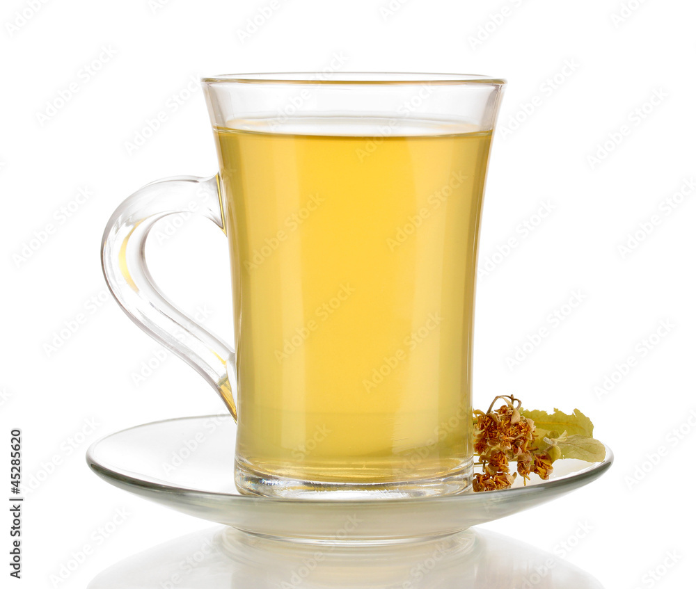 Glass cup of tea with linden isolated on white Glass cup of tea with linden isolated on white