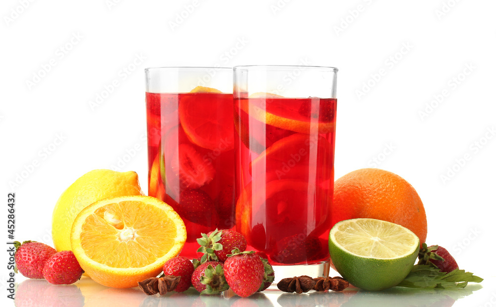 sangria in glasses with fruits, isolated on white sangria in glasses with fruits, isolated on white