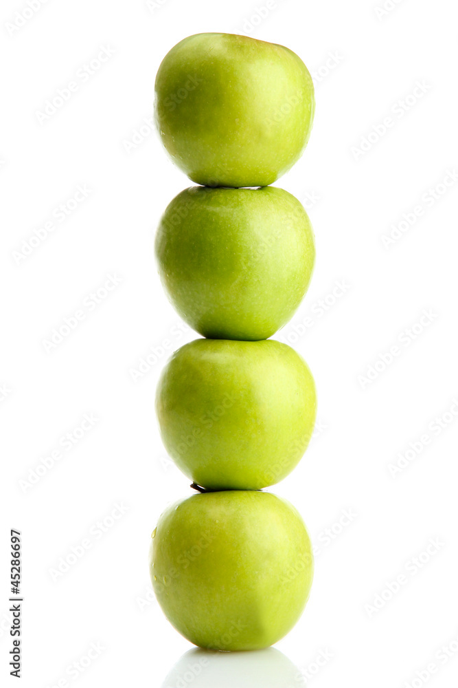 Ripe green apples with leaves isolated on white Ripe green apples with leaves isolated on white