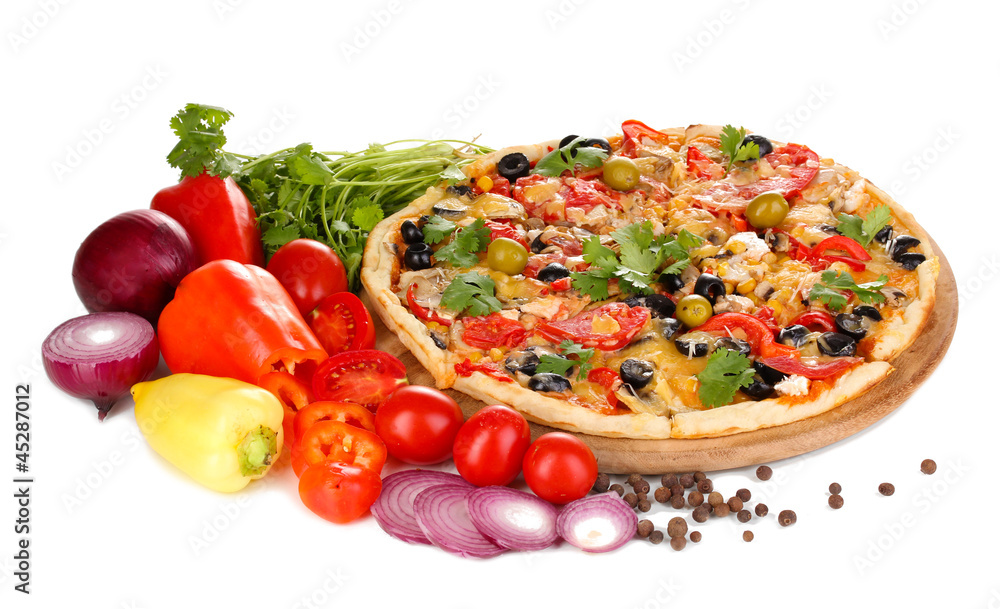 Delicious pizza with ingredients around isolated on white Delicious pizza with ingredients around isolated on white