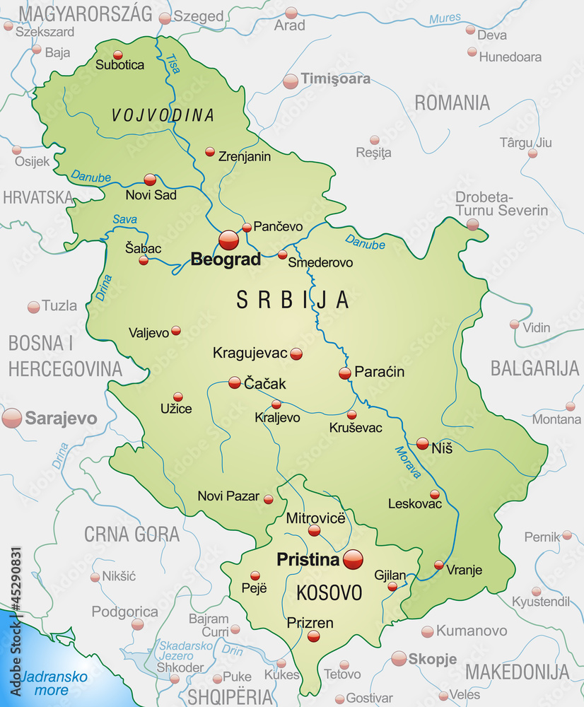 Map of Serbia with neighboring countries and capitals