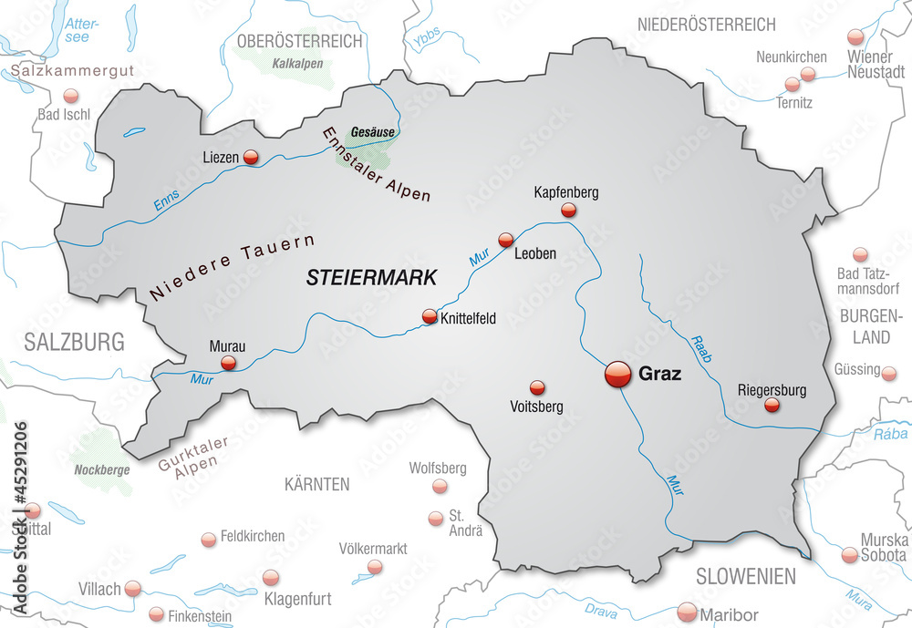 Umgebungskarte der Steiermark mit Hauptstädten