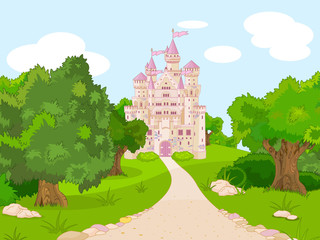 Keuken achterwand Kasteel Kasteel op heuveltop bij zonsondergang  © Anna Velichkovsky