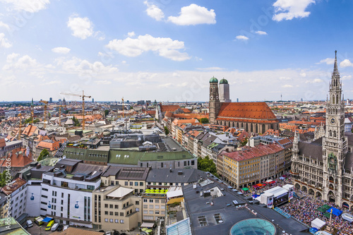 Aerial view of Munchen: Marienplatz, New Town Hall and Frauenkir