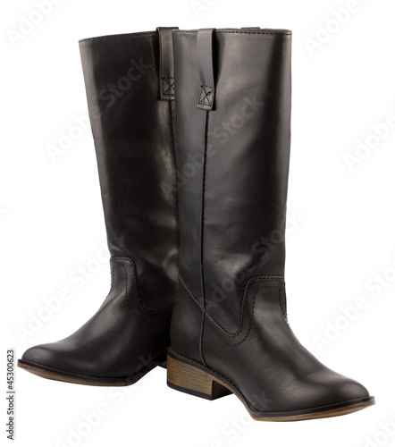 Women's black leather classic boots isolated on white background