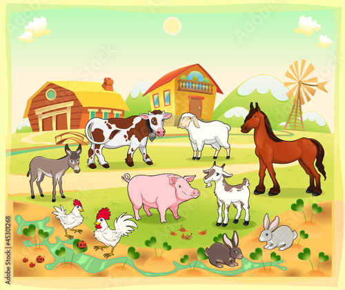 Farm animals with background. Vector illustration.