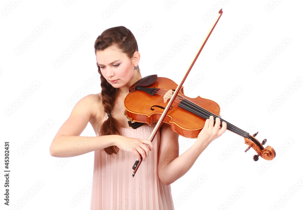 beautiful violinist playing and looking down isolated on white beautiful violinist playing and looking down isolated on white