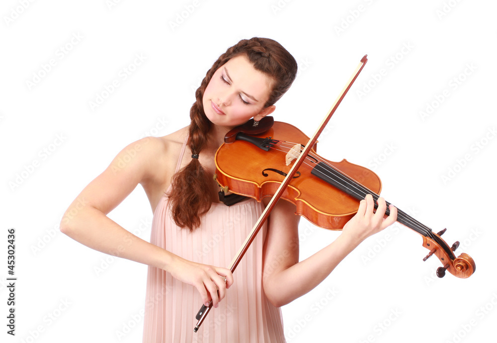 beautiful violinist playing and looking down isolated on white