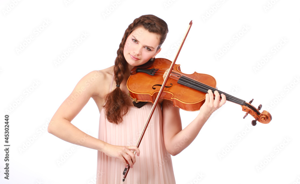 beautiful violinist playing and looking down isolated on white