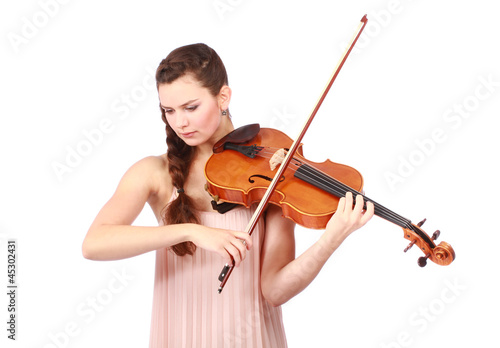 beautiful violinist playing and looking down isolated on white