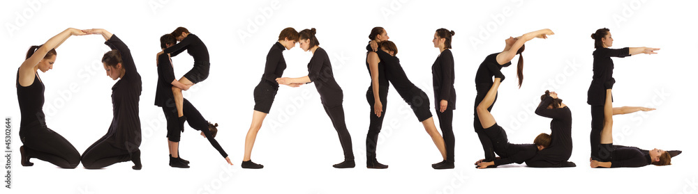 Black dressed people forming ORANGE word over white Black dressed people forming ORANGE word over white