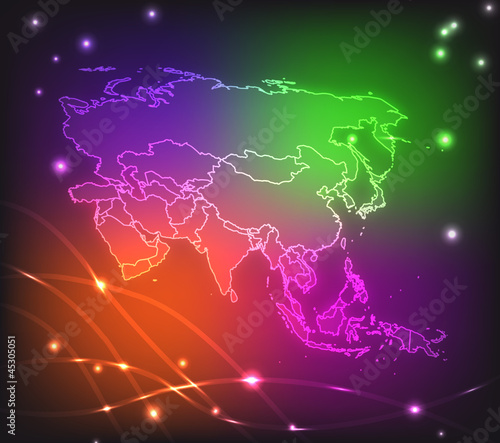 Landkarte von Asien in Neonfarben