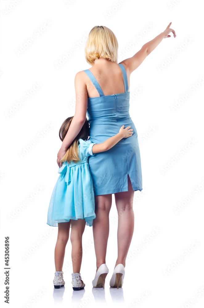 Fototapeta premium Happy mom and daughter on white