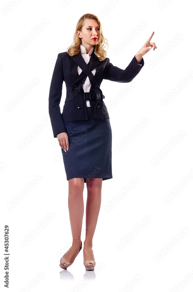 Businesswoman pressing virtual buttons on white Businesswoman pressing virtual buttons on white