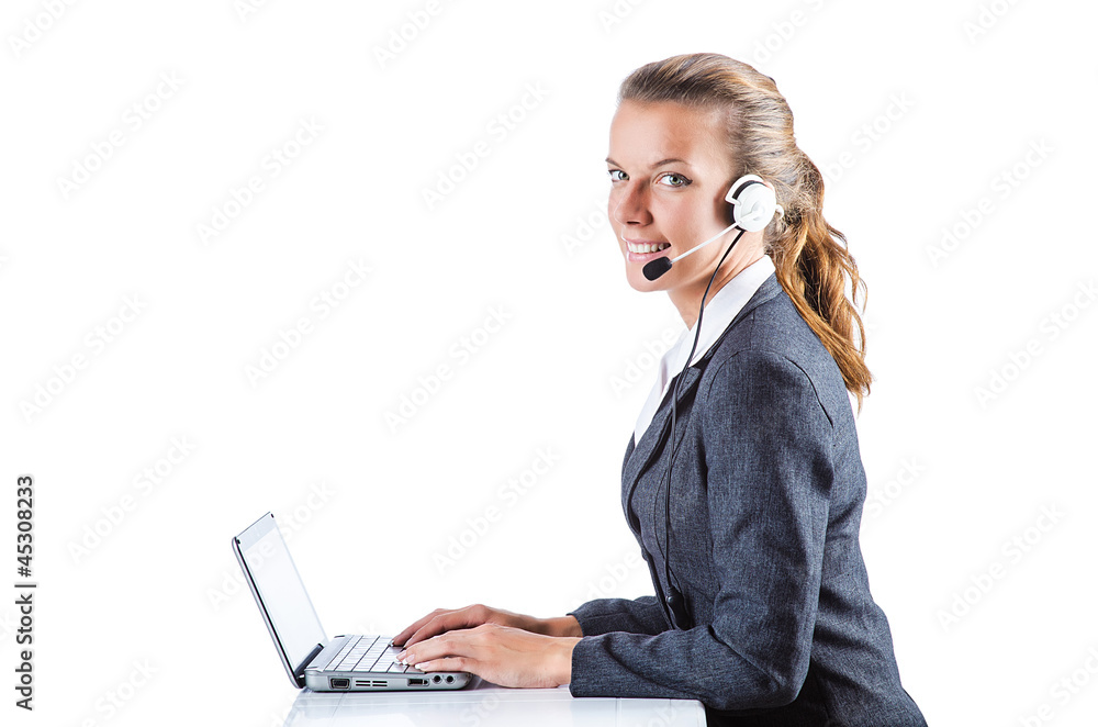 Female helpdesk operator on white Female helpdesk operator on white