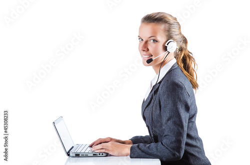 Female helpdesk operator on white