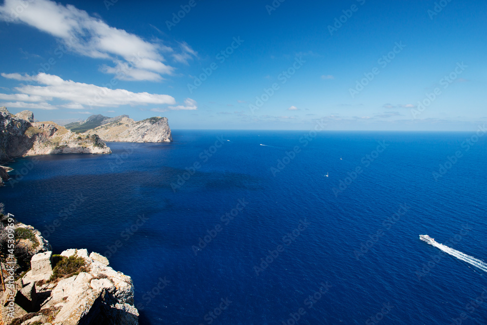 Bird view on boat at coast of Mallorca Spain