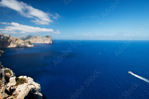 Bird view on boat at coast of Mallorca Spain