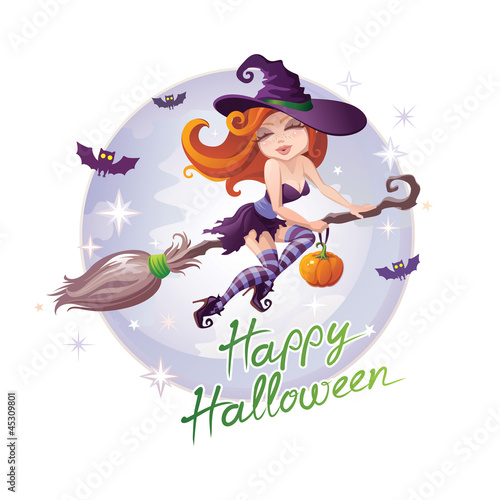 funny redhead witch flying on broom celebrating Halloween